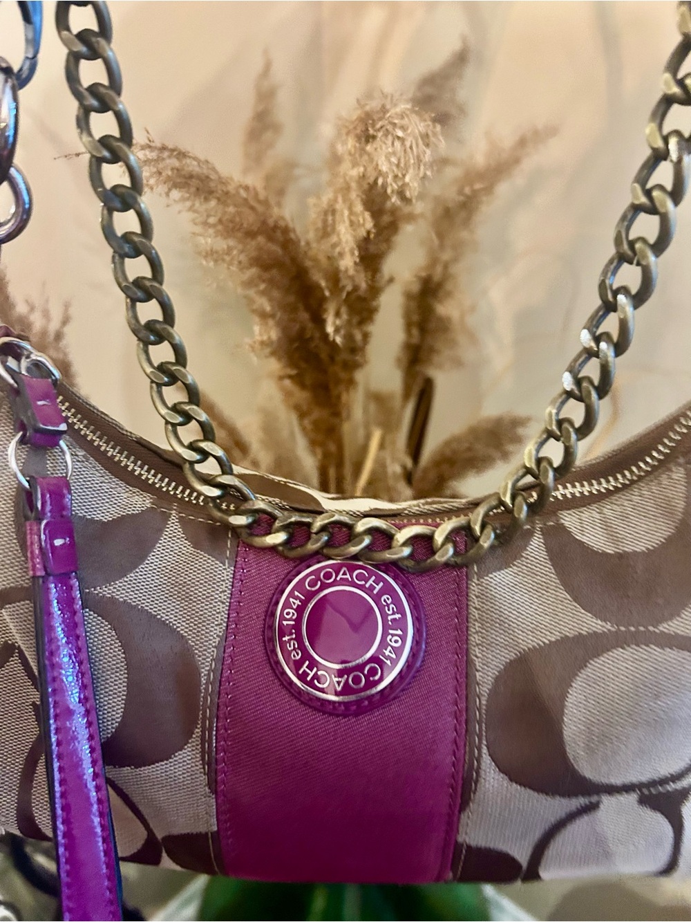 Coach Vintage Signature Canvas Shoulder Bag with Magenta Accents - Picture 9 of 16